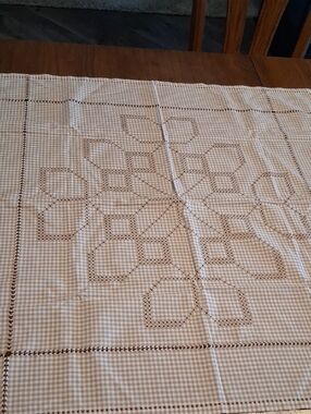 Vintage-style tablecloth featuring intricate embroidery handwork, 31" X 32".